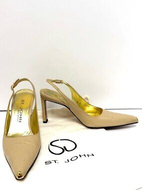 St. John Beige Slingback Heels Kid Leather 85mm Classic Pointed Toe Sz 6B Italy